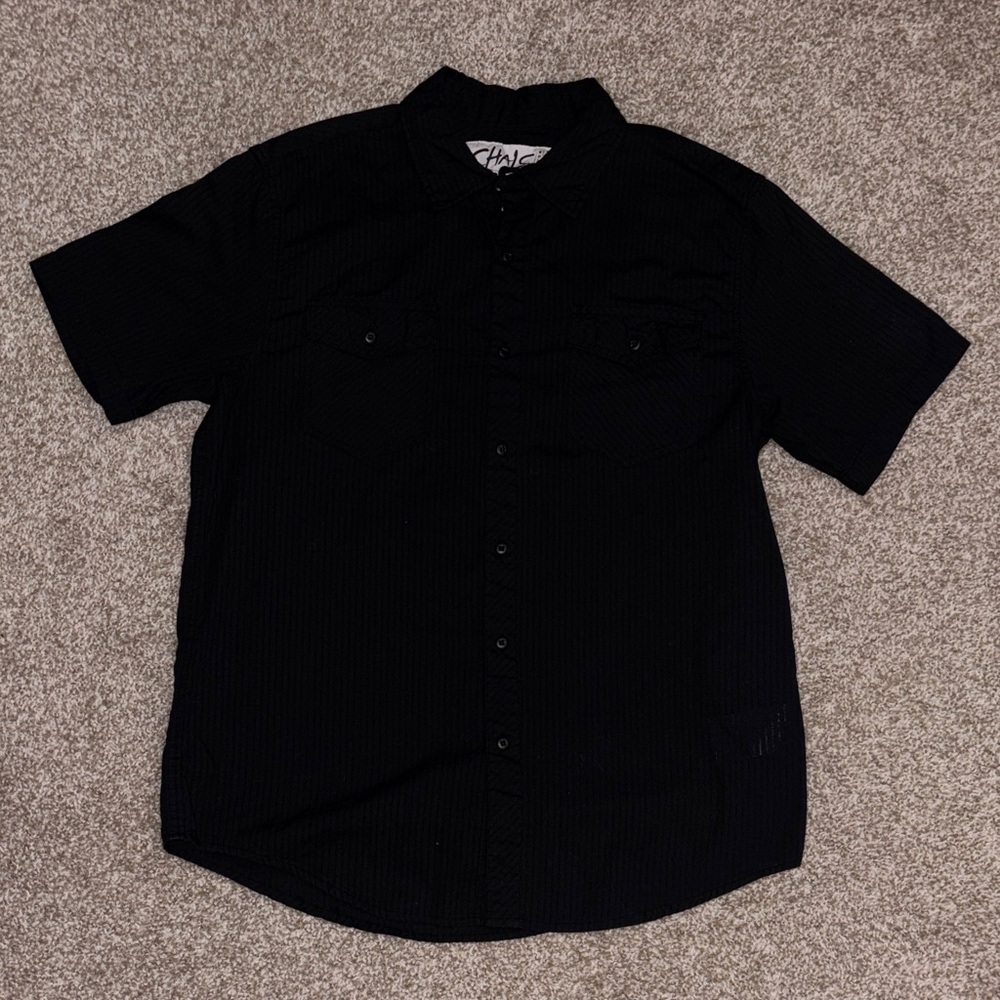Chalc Short Sleeve Black Striped Button-Down Shirt Size Large